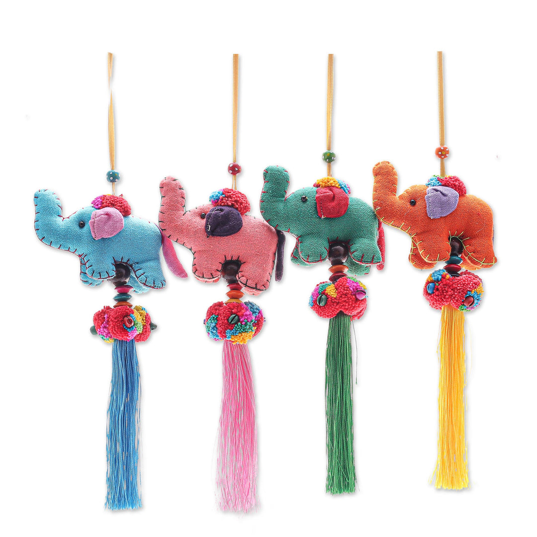 Handcrafted Cotton Blend Elephant Ornaments (Set of 4) - Festive Parade