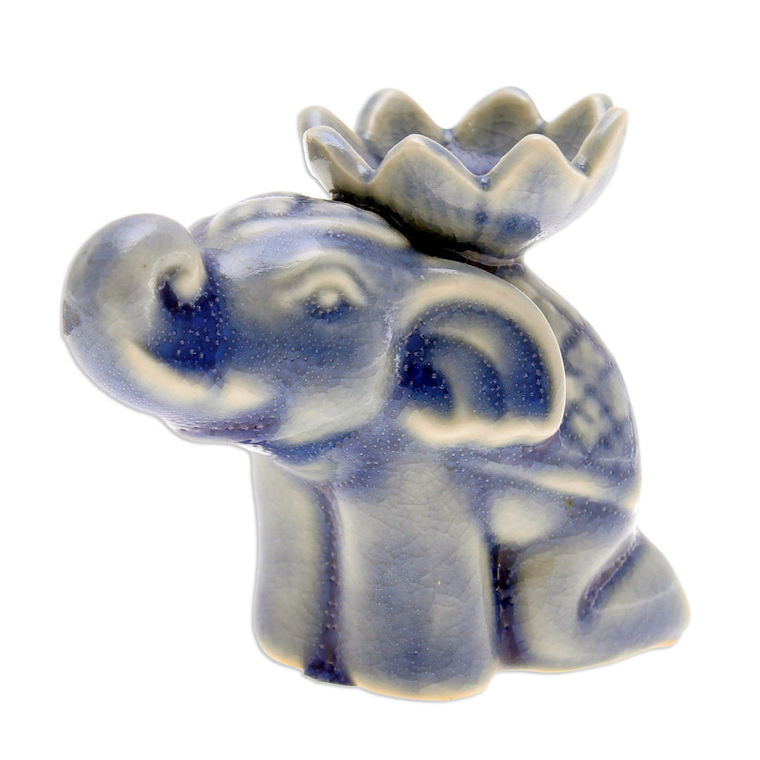 Blue Ceramic Elephant Incense Holder with Lotus Flower - Wise Friend