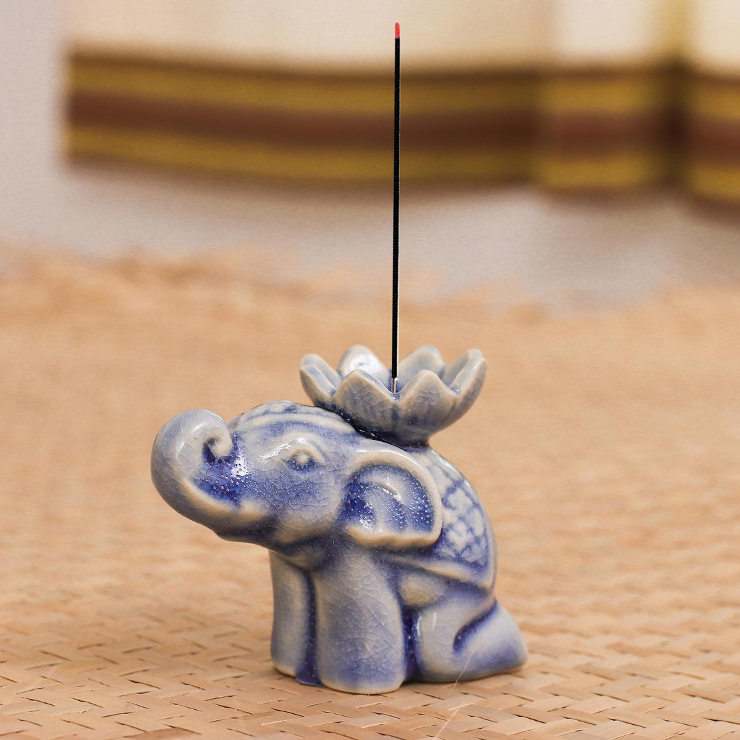 Blue Ceramic Elephant Incense Holder with Lotus Flower - Wise Friend