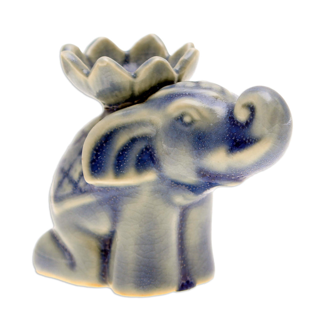 Blue Ceramic Elephant Incense Holder with Lotus Flower - Wise Friend