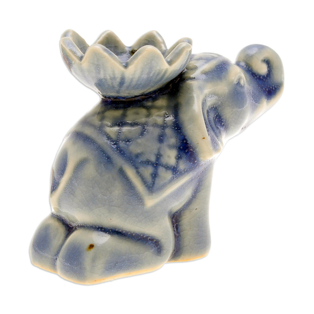 Blue Ceramic Elephant Incense Holder with Lotus Flower - Wise Friend