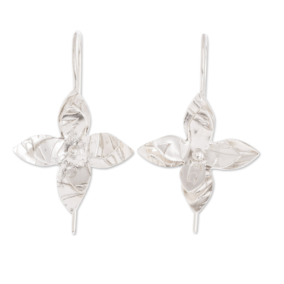 Costa Rican Handmade Sterling Silver Floral Drop Earrings - Flower Duet