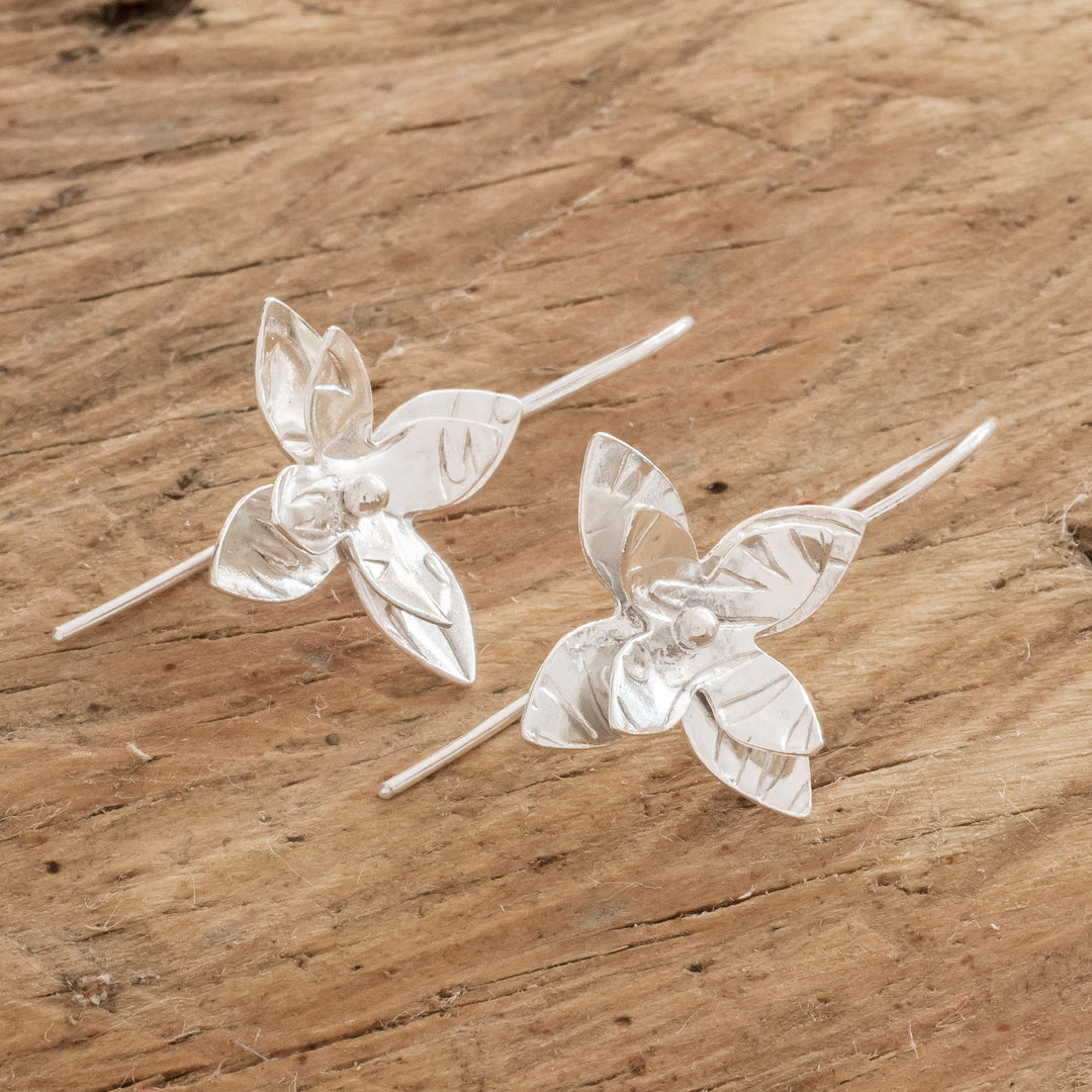 Costa Rican Handmade Sterling Silver Floral Drop Earrings - Flower Duet