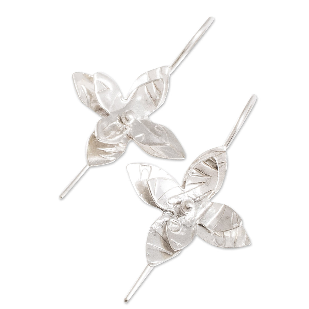 Costa Rican Handmade Sterling Silver Floral Drop Earrings - Flower Duet