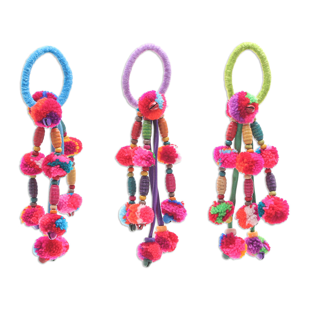 Cotton-Blend Hair Scrunchies with Cotton Pompoms (Set of 3) - Tribal Beauty in Open Skies