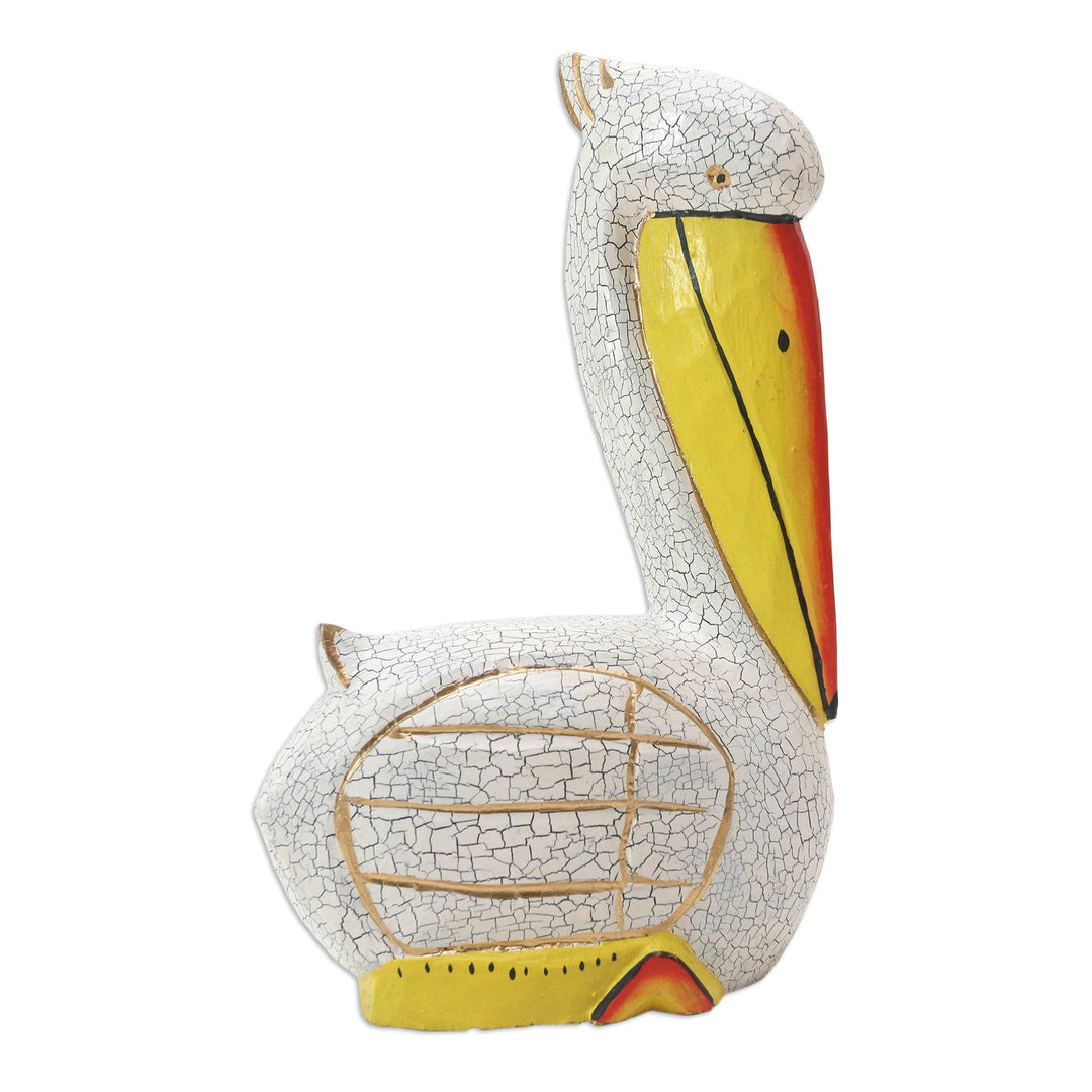 Hand Crafted Albesia Wood Pelican Statuette - Pelican Crossing in White