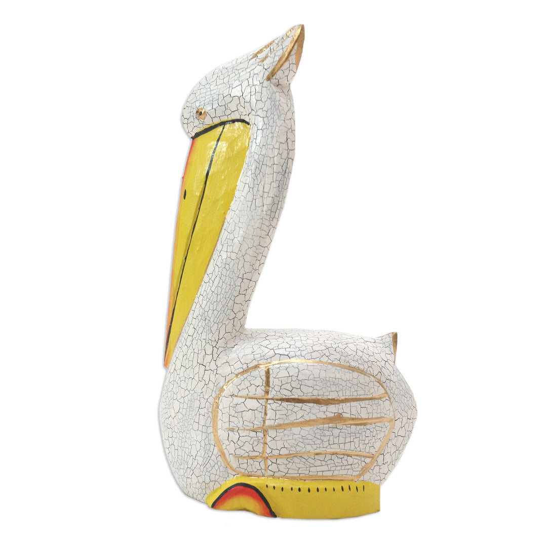 Hand Crafted Albesia Wood Pelican Statuette - Pelican Crossing in White