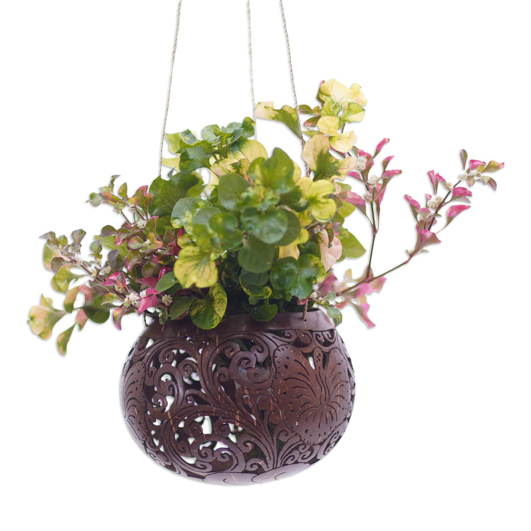 Artisan Crafted Coconut Shell Hanging Planter - Tropical House in Bloom