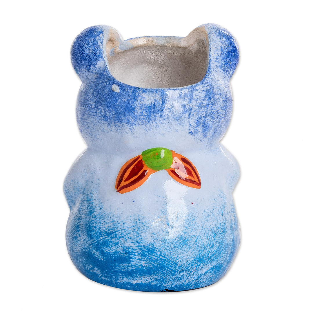 Hand-painted Mini Ceramic Bear Flower Pot from Guatemala - Herbaceous Bear