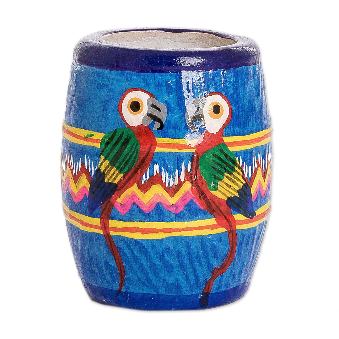 Hand-painted Ceramic Mini Flower Pot Crafted in Guatemala - Colorful Macaws