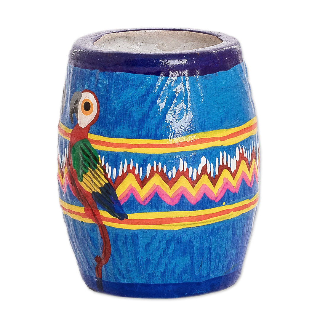 Hand-painted Ceramic Mini Flower Pot Crafted in Guatemala - Colorful Macaws