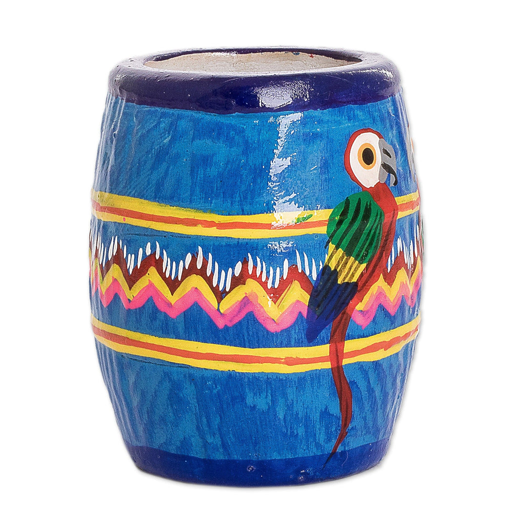 Hand-painted Ceramic Mini Flower Pot Crafted in Guatemala - Colorful Macaws