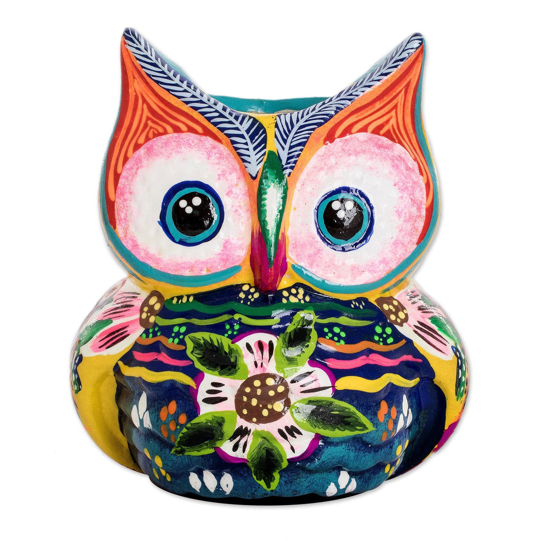 Handpainted Mini Ceramic Flower Pot from Guatemala - Herbaceous Owl