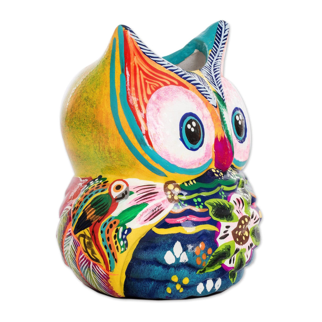 Handpainted Mini Ceramic Flower Pot from Guatemala - Herbaceous Owl