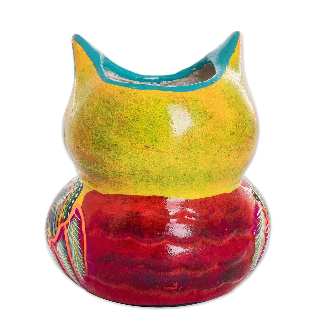 Handpainted Mini Ceramic Flower Pot from Guatemala - Herbaceous Owl