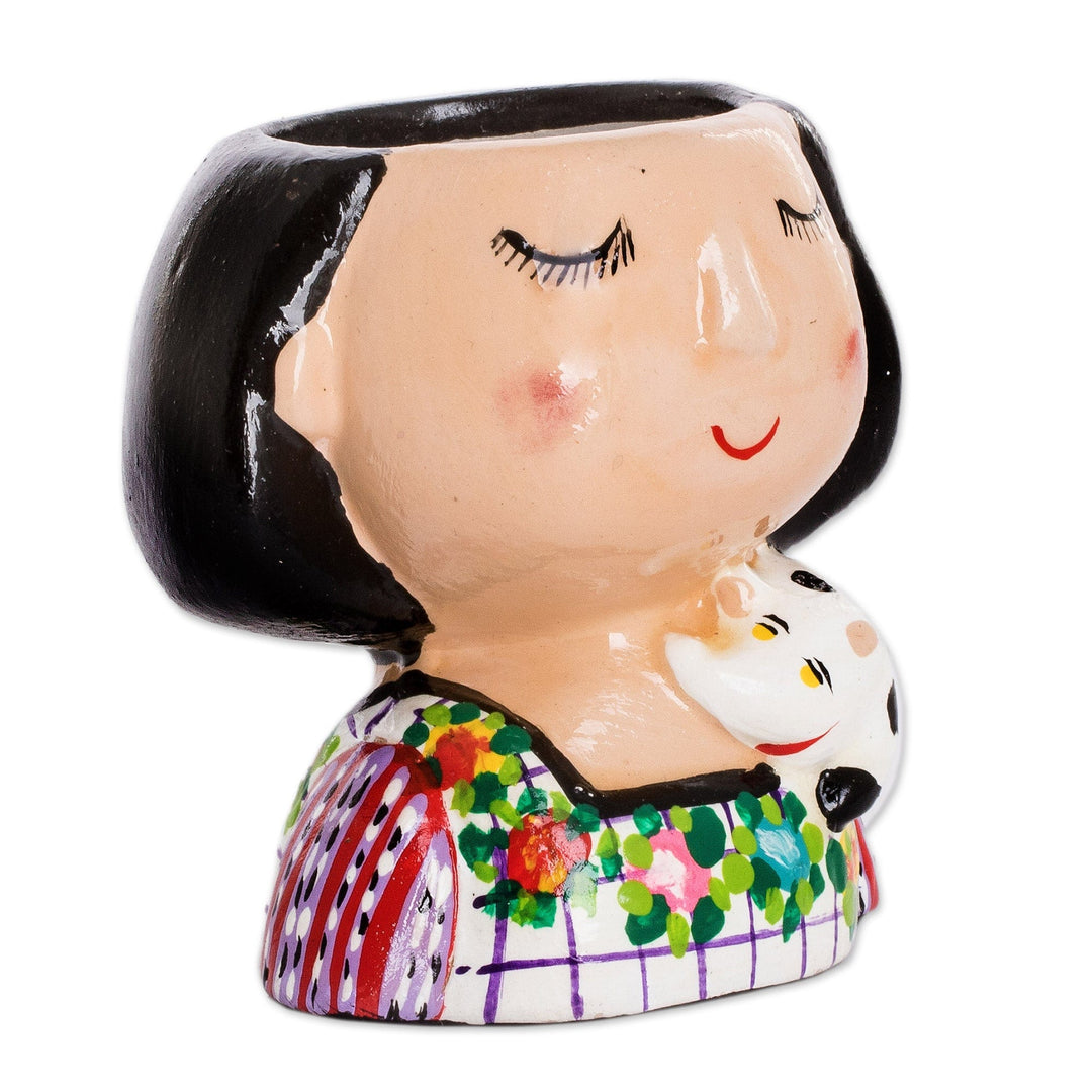Guatemalan Handpainted Woman-shaped Mini Ceramic Flower Pot - Maria Dreaming