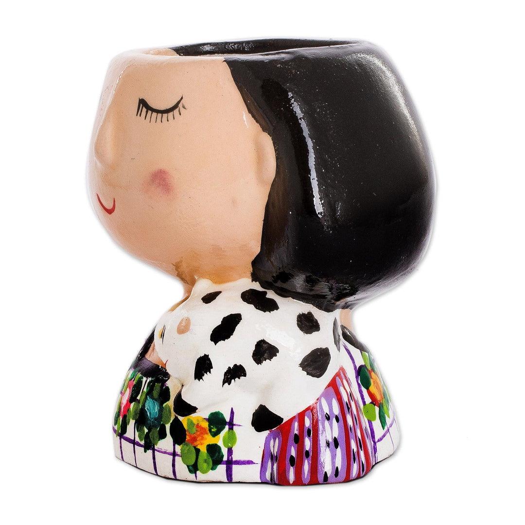 Guatemalan Handpainted Woman-shaped Mini Ceramic Flower Pot - Maria Dreaming