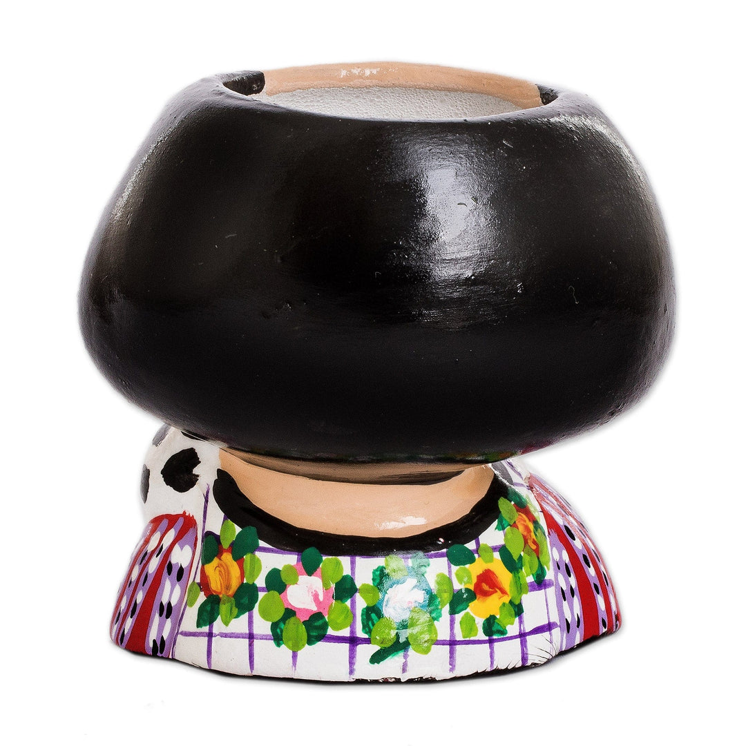 Guatemalan Handpainted Woman-shaped Mini Ceramic Flower Pot - Maria Dreaming