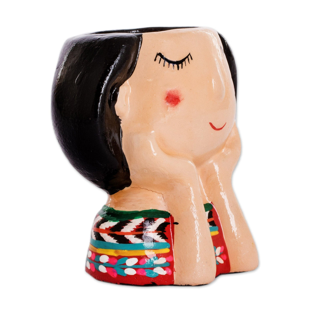 Guatemalan Handpainted Woman-shaped Mini Ceramic Flower Pot - Esperanza Dreaming