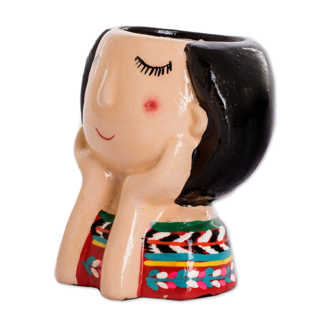 Guatemalan Handpainted Woman-shaped Mini Ceramic Flower Pot - Esperanza Dreaming