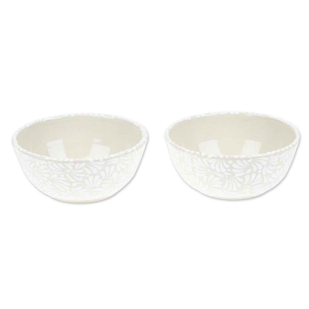 2 Talavera Style Hand-Painted Ceramic Bowls in Alabaster - Dreamy Spring