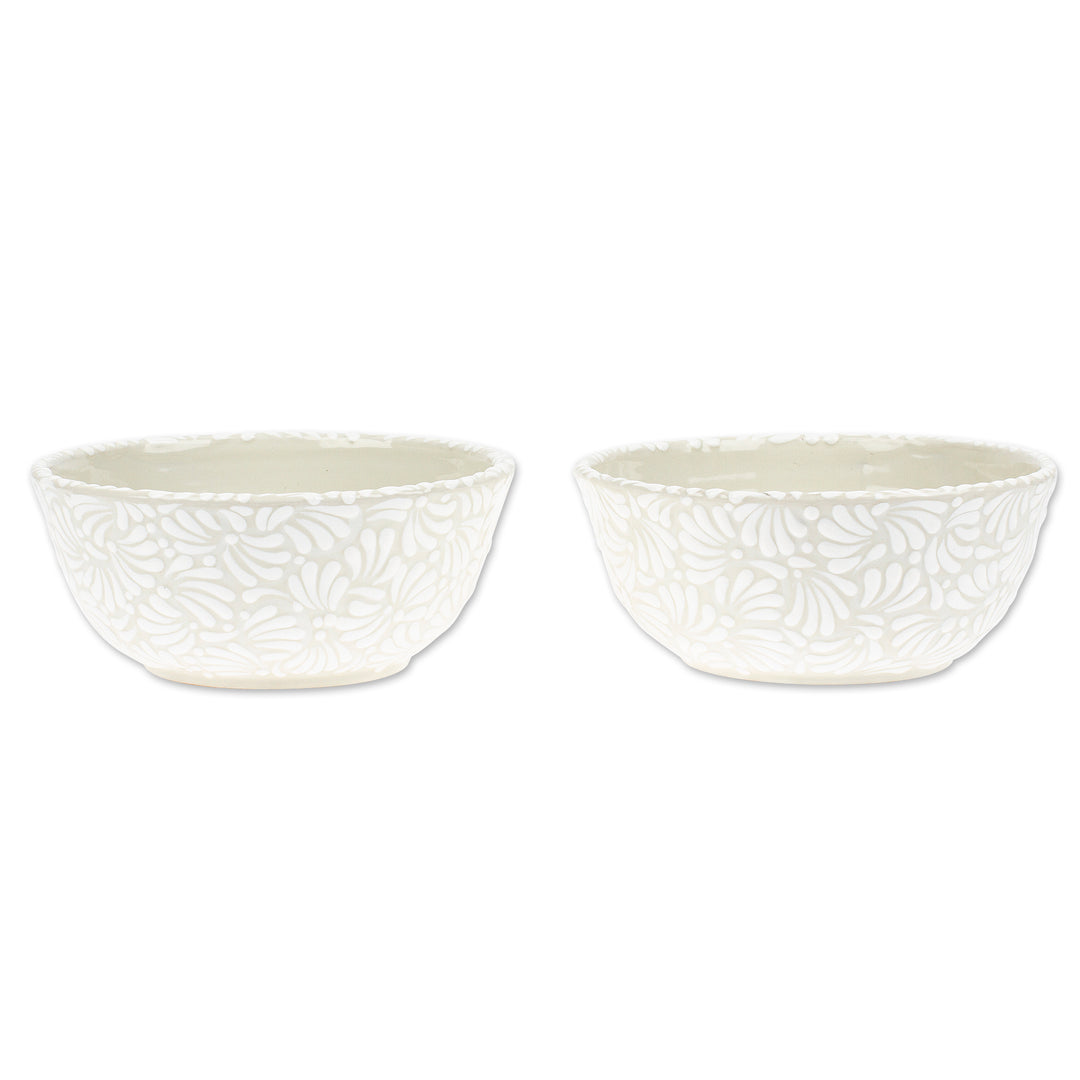 2 Talavera Style Hand-Painted Ceramic Bowls in Alabaster - Dreamy Spring