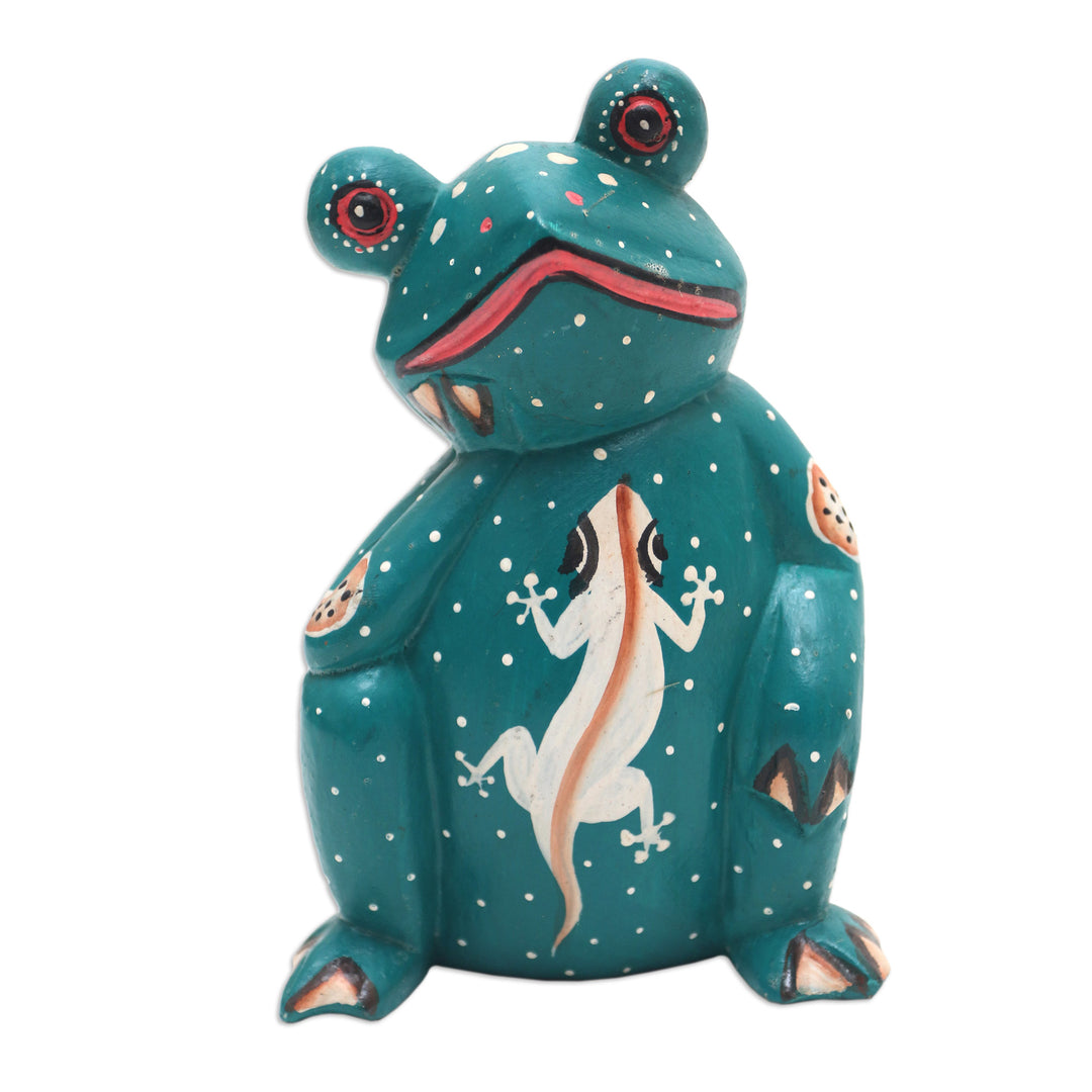 Suar Wood Frog Statuette with Lizard Motif - Daydreaming Frog