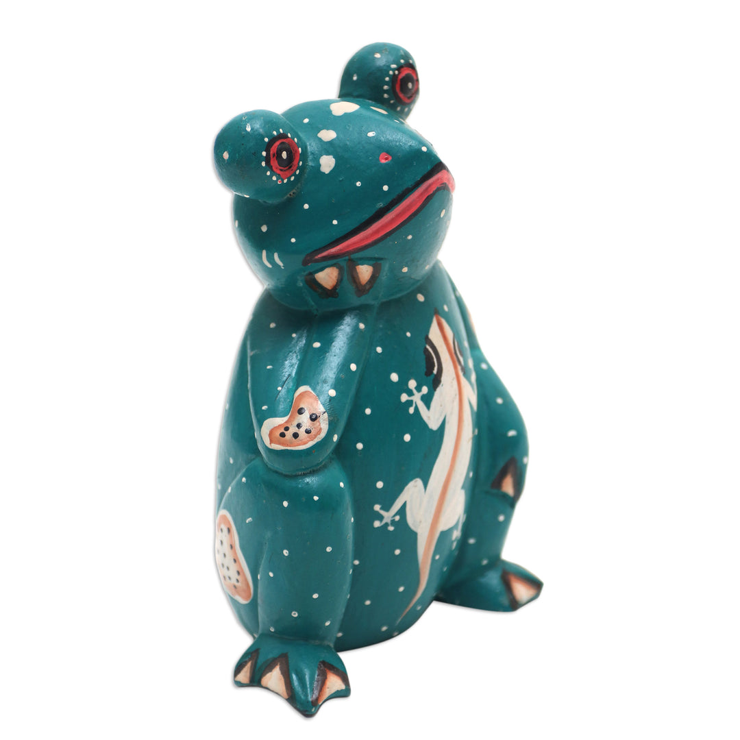Suar Wood Frog Statuette with Lizard Motif - Daydreaming Frog