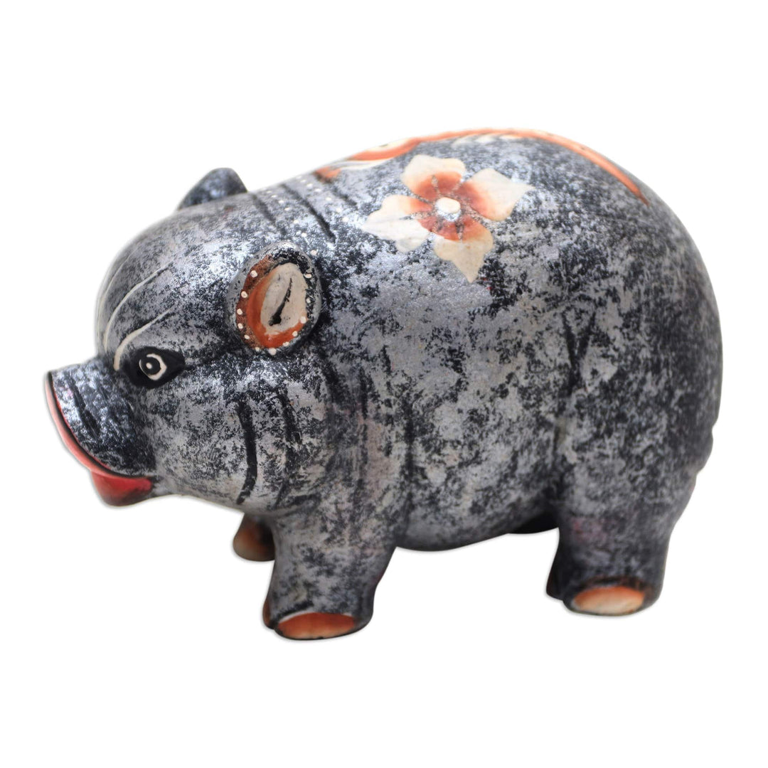 Hand Carved Suar Wood Pig Statuette - Chubby Swine