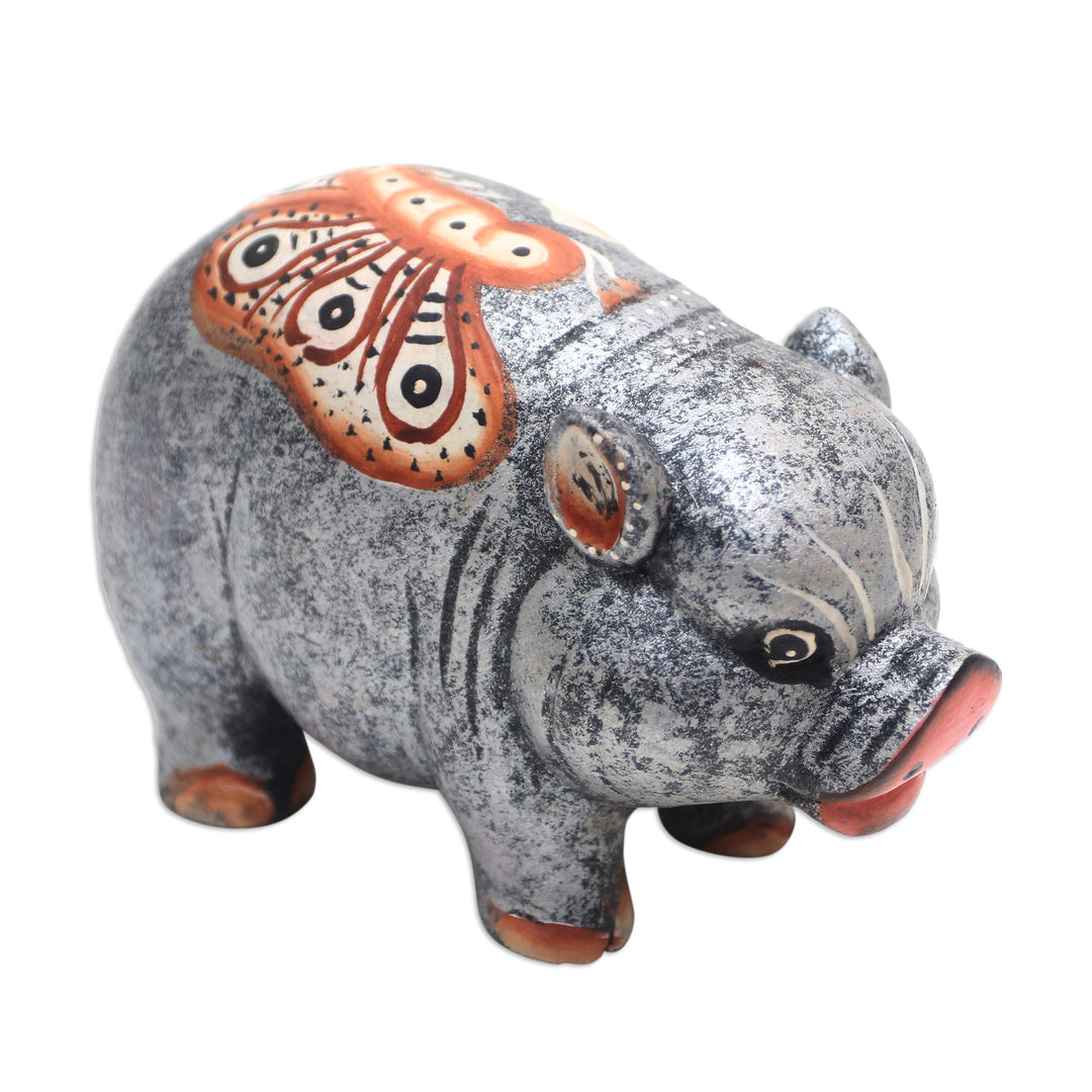 Hand Carved Suar Wood Pig Statuette - Chubby Swine