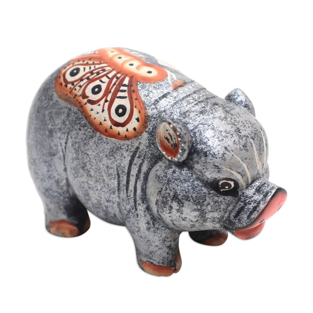 Hand Carved Suar Wood Pig Statuette - Chubby Swine