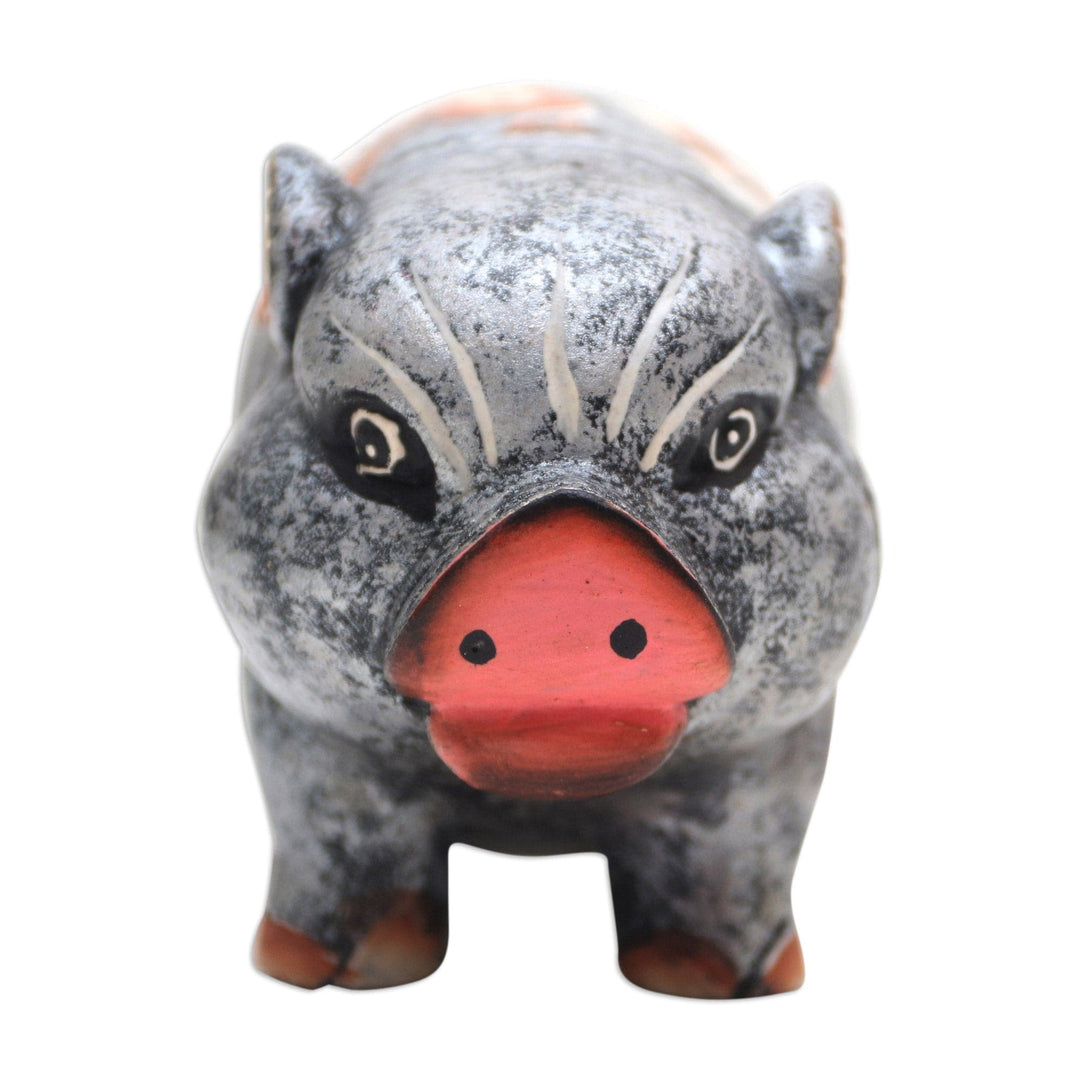 Hand Carved Suar Wood Pig Statuette - Chubby Swine