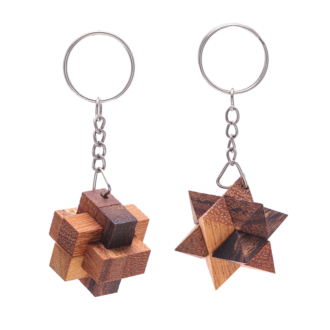 Tiny Wood Puzzle Keychains (Pair) - Star and Burr