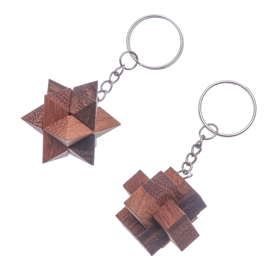 Tiny Wood Puzzle Keychains (Pair) - Star and Burr