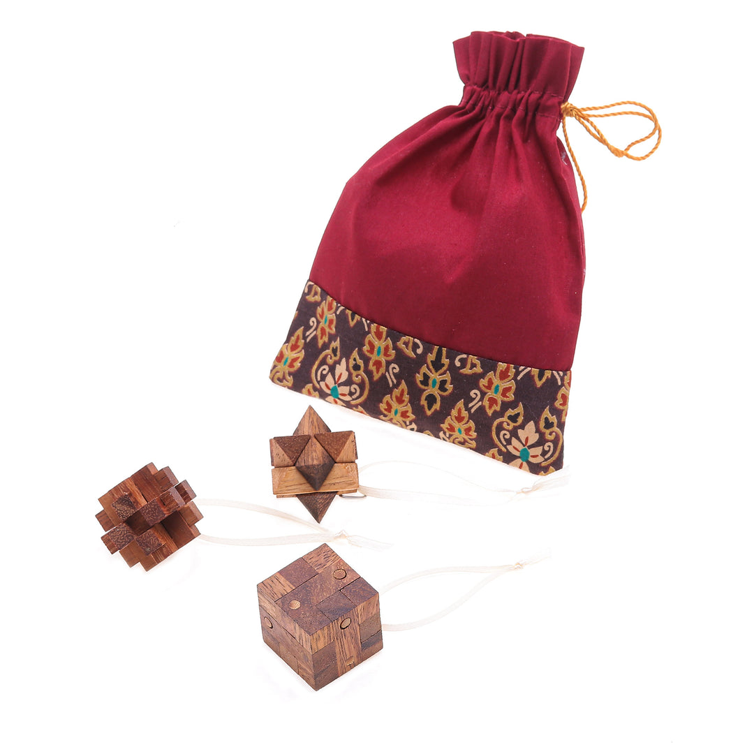Three Thai Miniature Wood Puzzle Game Ornaments - Christmas Challenge