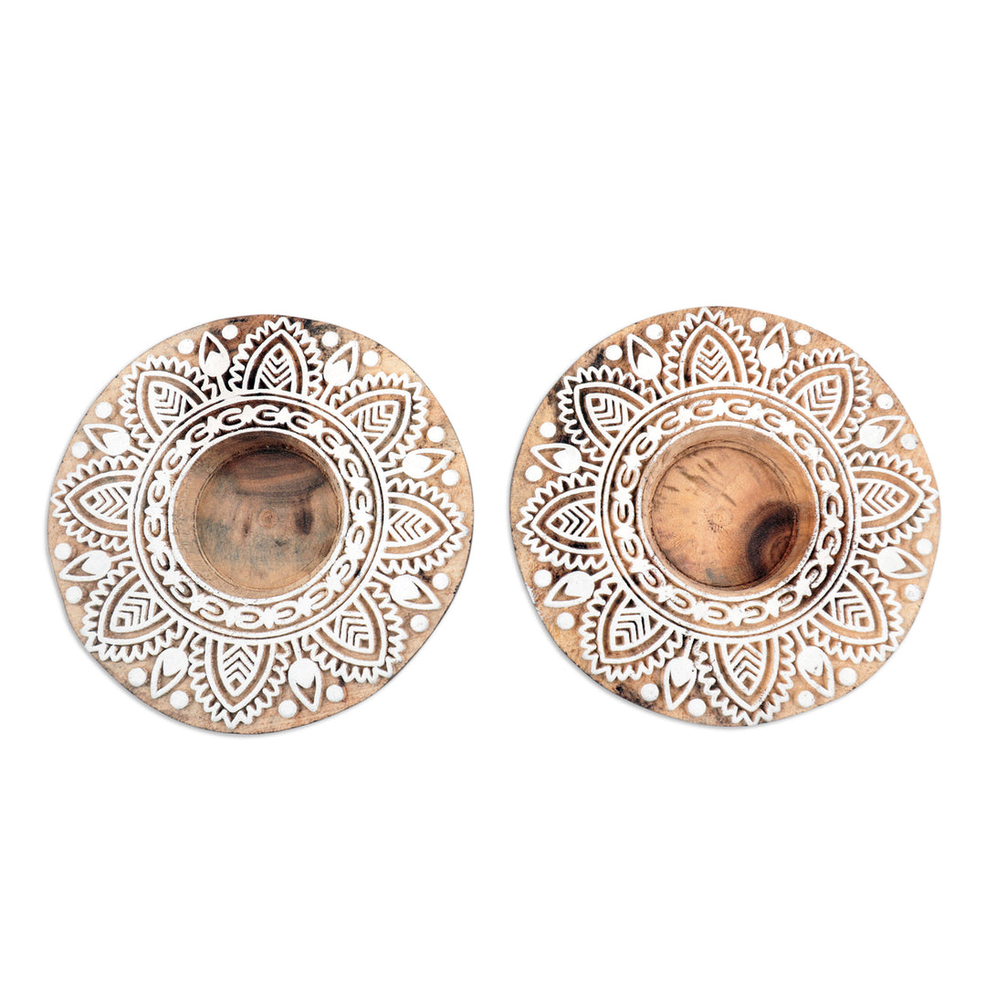 Indian Mango Wood Tealight Candle Holders (Pair) - Soft Shadows