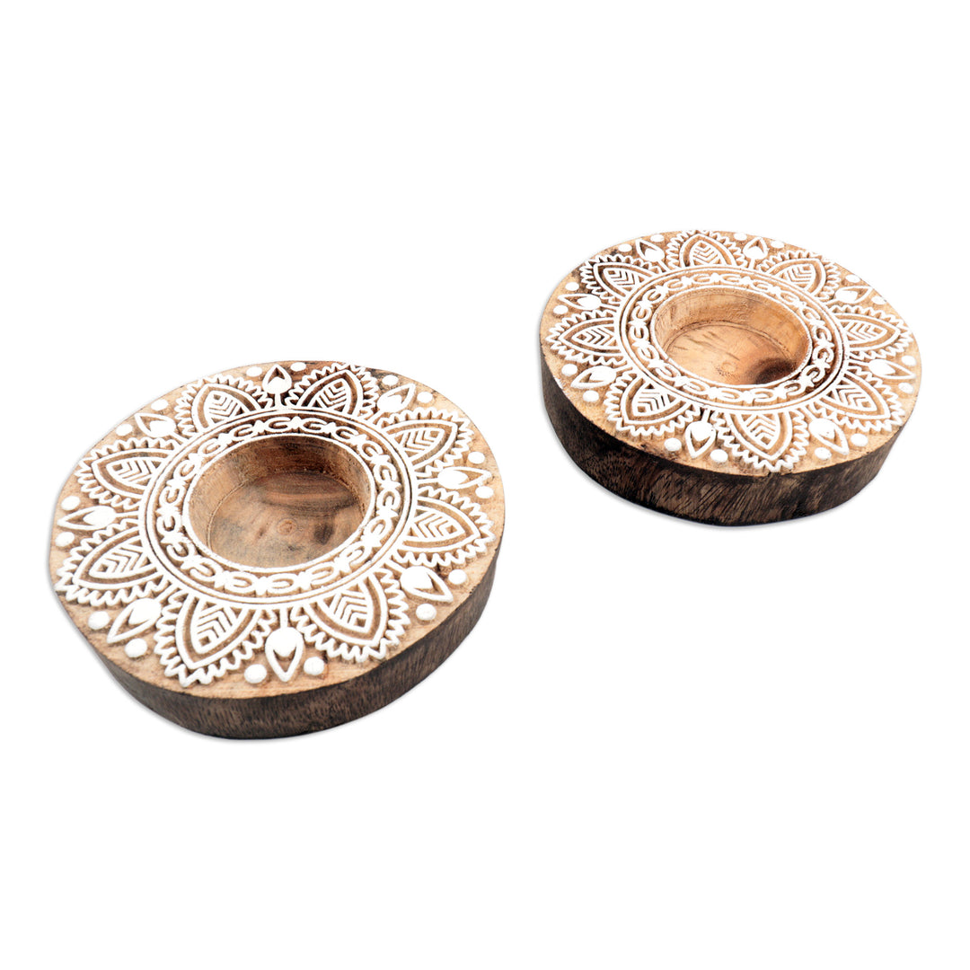 Indian Mango Wood Tealight Candle Holders (Pair) - Soft Shadows