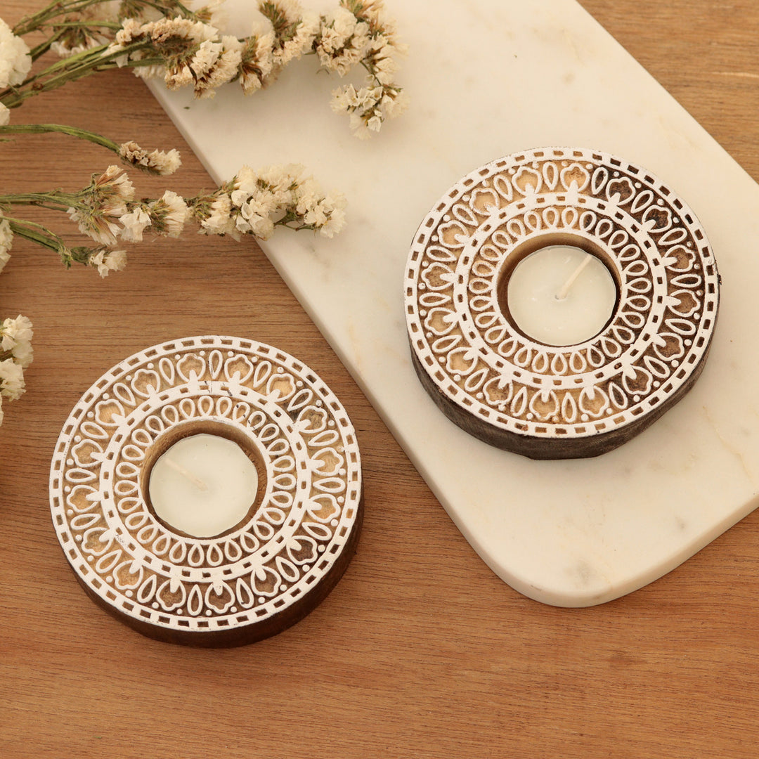 Artisan Crafted Mango Wood Tealight Candle Holders (Pair) - Ignite the Light