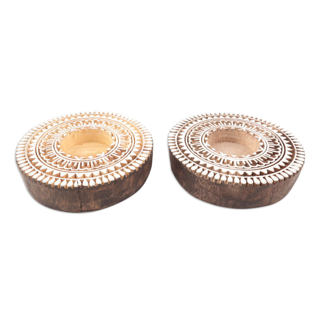 Hand Carved Wood Tealight Candle Holders (Pair) - Flower Flash