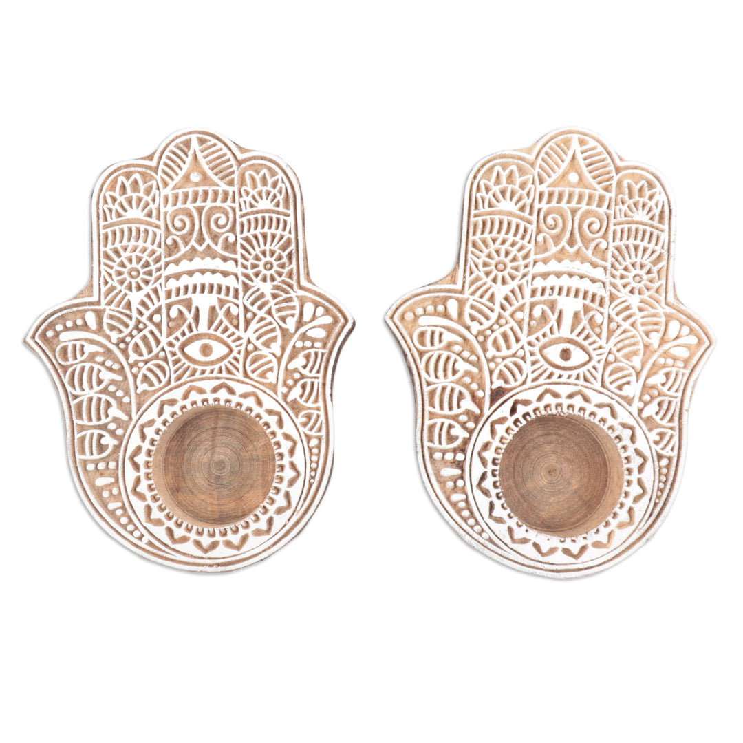 Wood Hamsa Hand Tealight Candle Holders (Pair) - Illuminated Hamsa