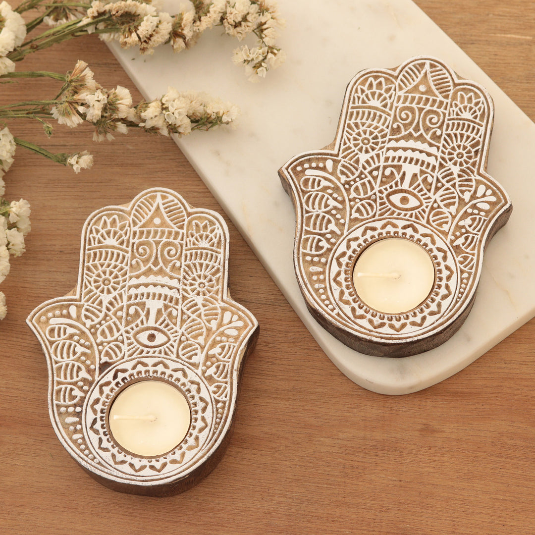 Wood Hamsa Hand Tealight Candle Holders (Pair) - Illuminated Hamsa