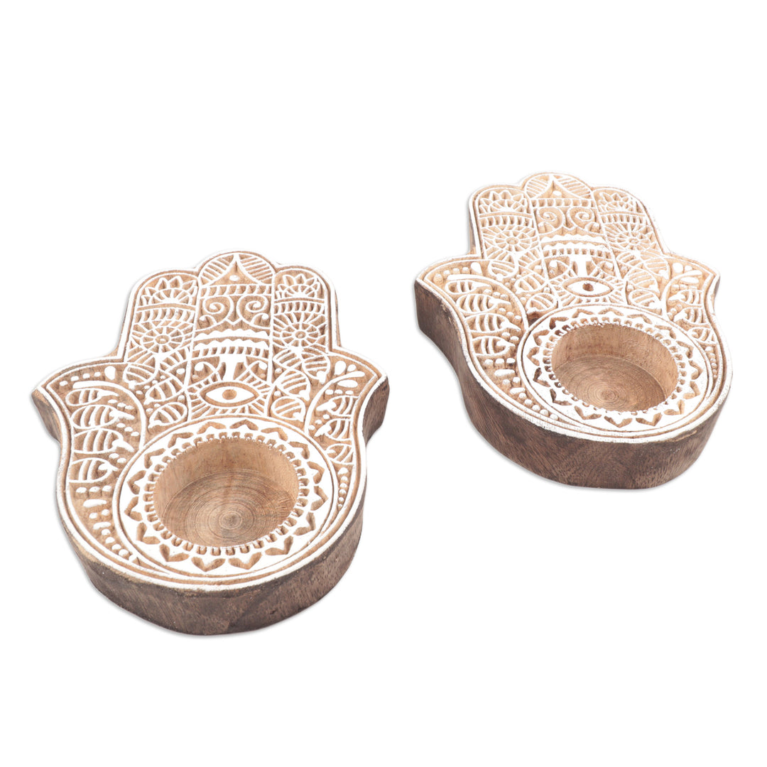 Wood Hamsa Hand Tealight Candle Holders (Pair) - Illuminated Hamsa