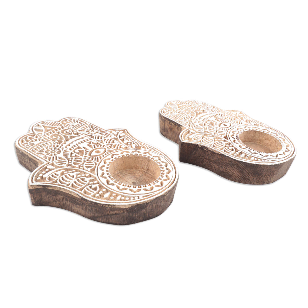 Wood Hamsa Hand Tealight Candle Holders (Pair) - Illuminated Hamsa