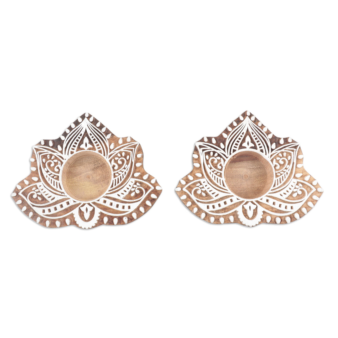Wood Tealight Candle Holders with Lotus Motif (Pair) - Kindled Lotus