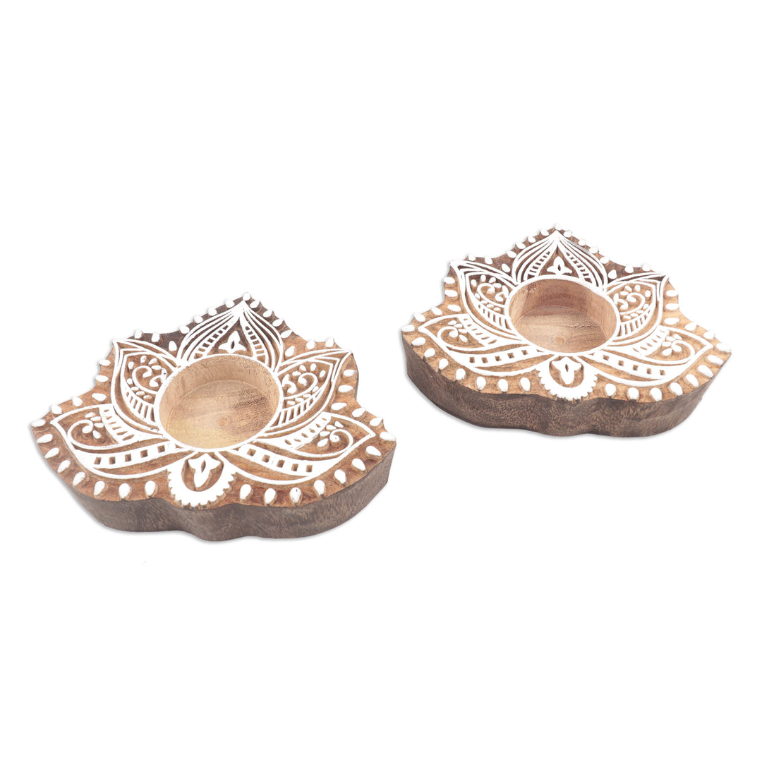 Wood Tealight Candle Holders with Lotus Motif (Pair) - Kindled Lotus
