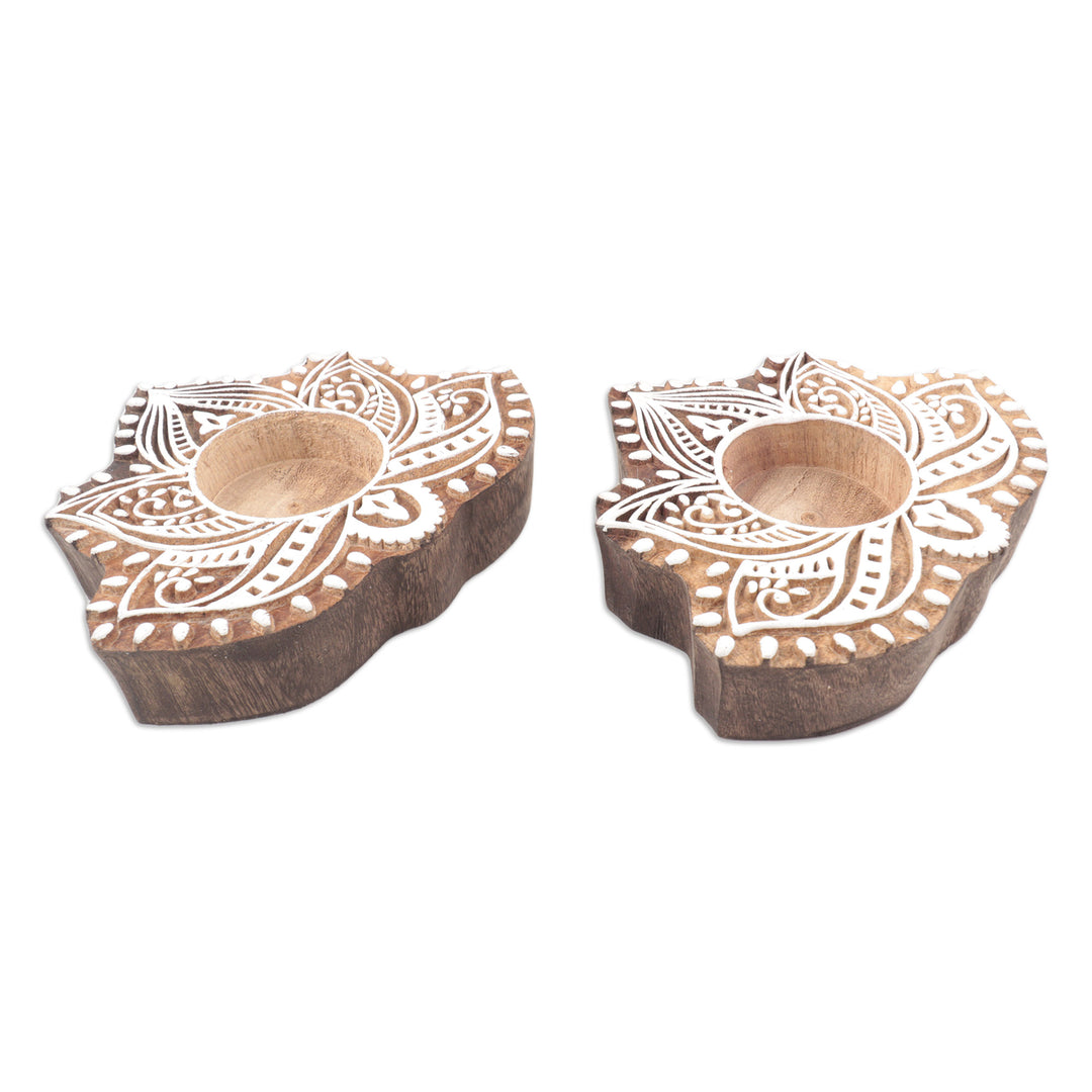 Wood Tealight Candle Holders with Lotus Motif (Pair) - Kindled Lotus