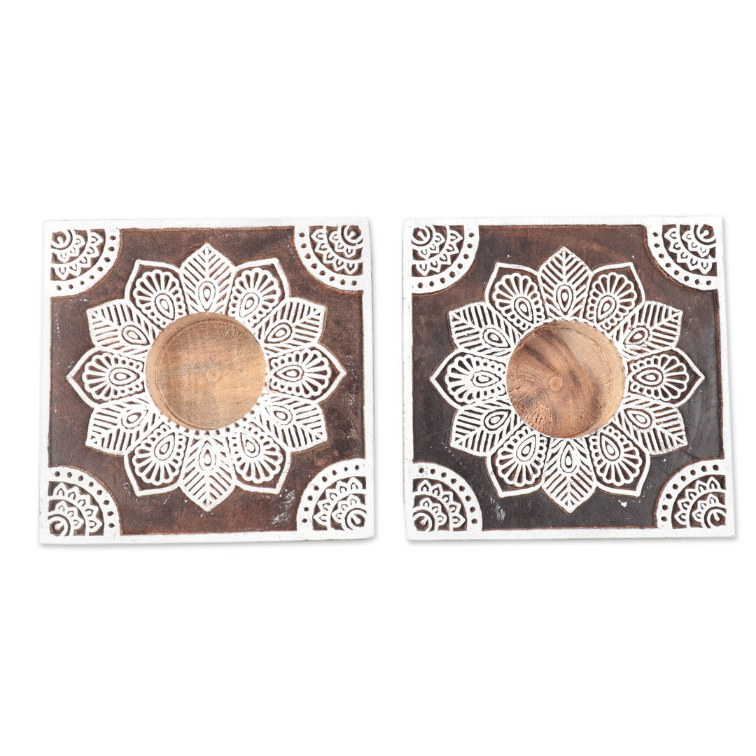 Handmade Mango Wood Tealight Candle Holders (Pair) - Lucid Dream