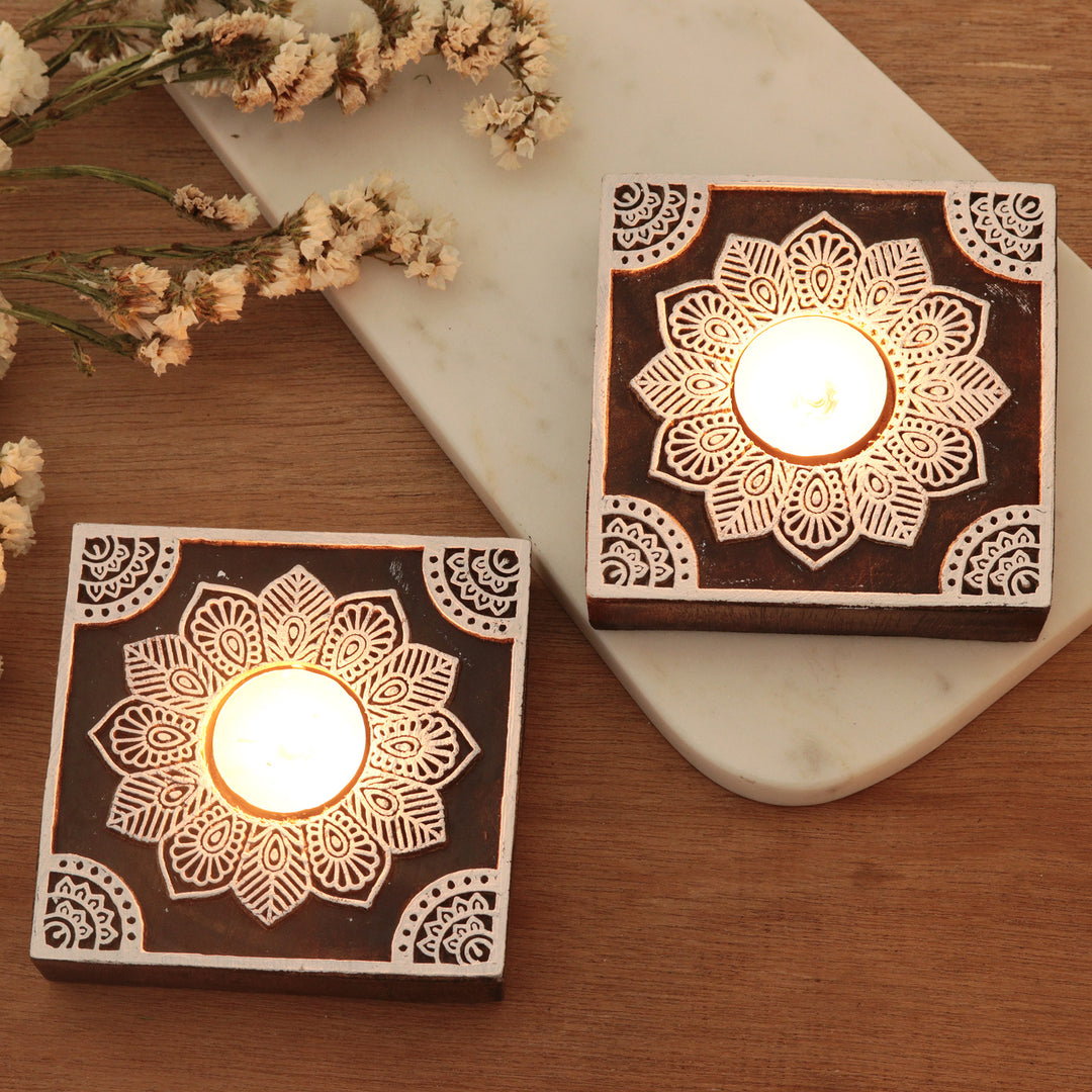 Handmade Mango Wood Tealight Candle Holders (Pair) - Lucid Dream
