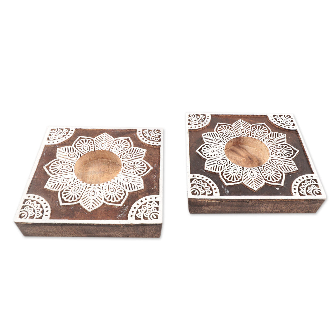 Handmade Mango Wood Tealight Candle Holders (Pair) - Lucid Dream
