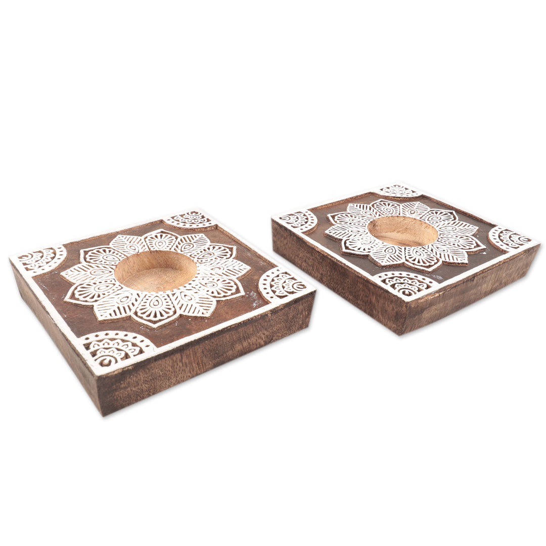 Handmade Mango Wood Tealight Candle Holders (Pair) - Lucid Dream